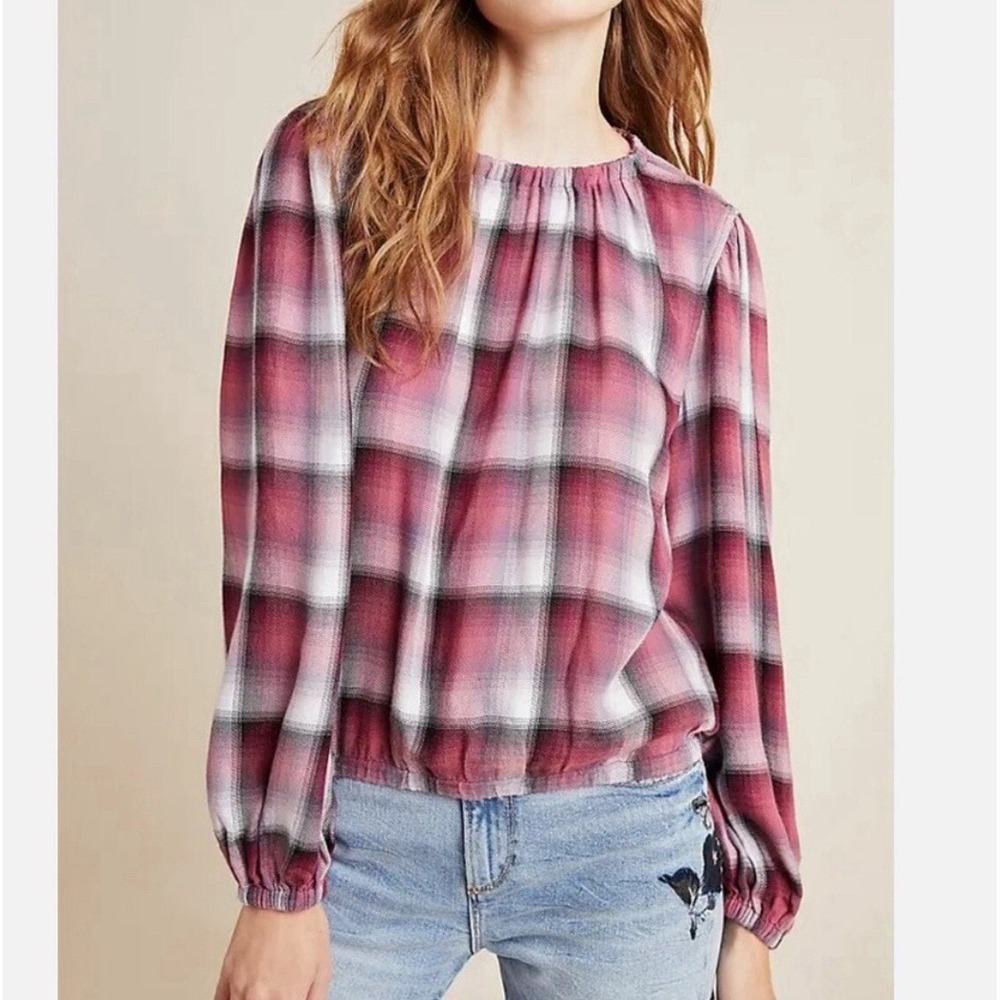 Cloth & Stone Anthropologie Plaid Blouse Berry Pink Rayon Elastic Hem Top XS